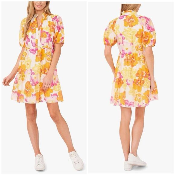 Cece V Neck Relaxed Short Sleeve Floral Print Tiered Babydoll Dress Size Small - Picture 1 of 11